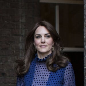 Kate Middleton, duchesse de Cambridge, lors d'une réception donnée avec le prince William à Kensington Palace le 6 avril 2016, avec pour invités de jeunes expatriés indiens et bhoutanais, à quelques jours de la tournée officielle du couple dans leurs pays. La duchesse Catherine portait pour l'occasion une robe d'un créateur indien, Saloni.