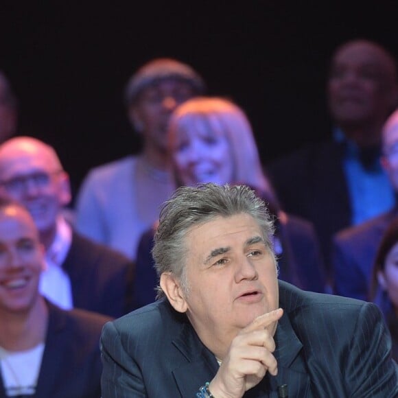 Exclusif - Geneviève de Fontenay, Pierre Ménès et Clara Morgane lors de l'enregistrement de l'émission "Faut pas abuser" présentée par Julien Courbet et diffusée sur D8 le 10 mai 2016 à 21h00. À Paris le 4 avril 2016. ©Veeren