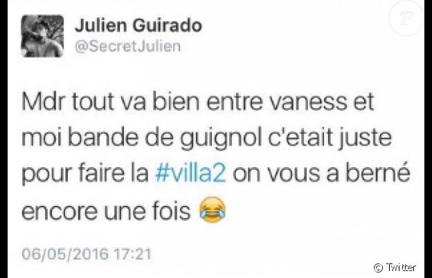 Julien Guirado dévoile que sa rutpture avec Vanessa Lawrens était un faux buzz. Mai 2016.