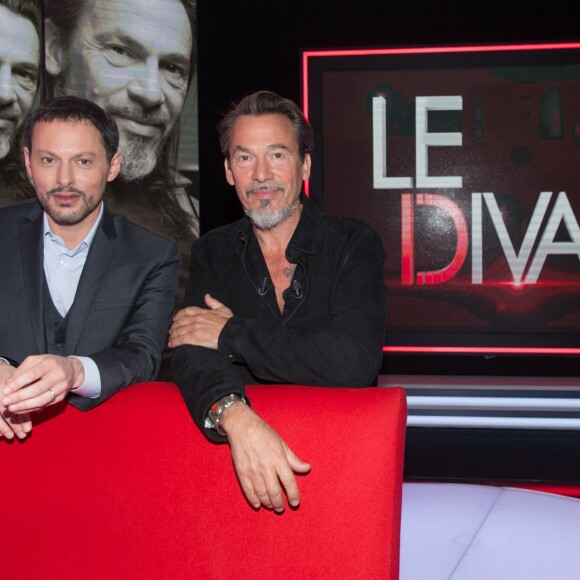 Exclusif - Florent Pagny et Marc-Olivier Fogiel, sur le tournage de l'émission "Le Divan de Marc-Olivier Fogiel". Avril 2016. © Cyril Moreau