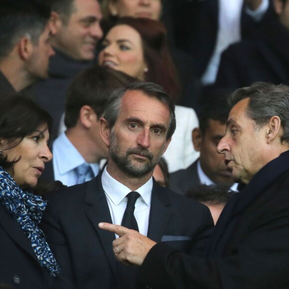 Anne Hidalgo, Jean-Claude Blanc et Nicolas Sarkozy lors de PSG - Nantes au Parc des Princes le 14 mai 2016, dernier match de la saison, qui signait les adieux de Zlatan Ibrahimovic au Paris Saint-Germain et à la Ligue 1.