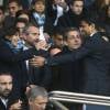 Anne Hidalgo, Jean-Claude Blanc, Nicolas Sarkozy et Nasser Al-Khelaïfi lors de PSG - Nantes au Parc des Princes le 14 mai 2016, dernier match de la saison, qui signait les adieux de Zlatan Ibrahimovic au Paris Saint-Germain et à la Ligue 1.