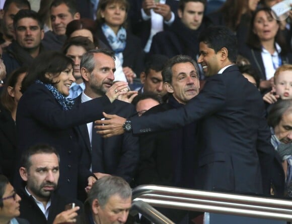Anne Hidalgo, Jean-Claude Blanc, Nicolas Sarkozy et Nasser Al-Khelaïfi lors de PSG - Nantes au Parc des Princes le 14 mai 2016, dernier match de la saison, qui signait les adieux de Zlatan Ibrahimovic au Paris Saint-Germain et à la Ligue 1.