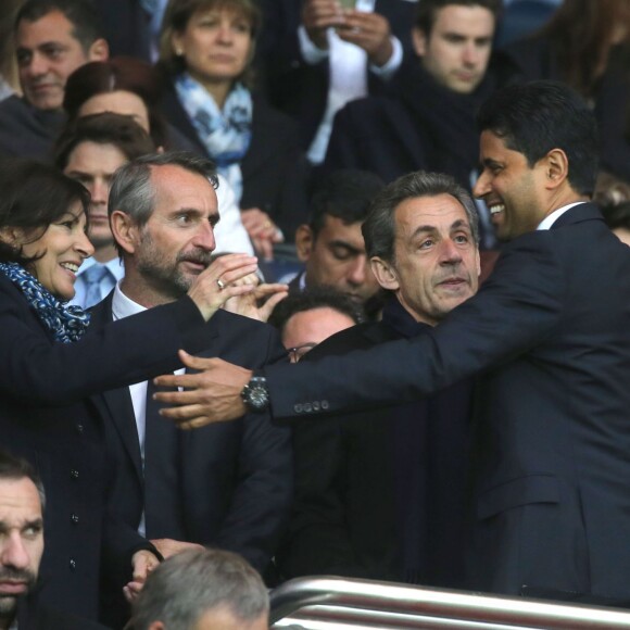 Anne Hidalgo, Jean-Claude Blanc, Nicolas Sarkozy et Nasser Al-Khelaïfi lors de PSG - Nantes au Parc des Princes le 14 mai 2016, dernier match de la saison, qui signait les adieux de Zlatan Ibrahimovic au Paris Saint-Germain et à la Ligue 1.