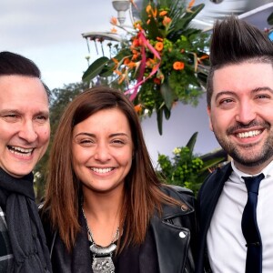 Jean-Marc Généreux, Priscilla Betti et Chris Marques - La troupe de "Danse avec les Stars" participe à la 4e bataille de Fleurs dans le cadre du Carnaval 2016 à Nice le 24 février 2016. © Bruno Bebert/Bestimage
