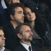 Arnaud Lagardère et sa femme Jade Foret - People assistent au match de football de la Ligue des Champions entre le PSG et Chelsea au Parc des Princes à Paris le 2 avril 2014.