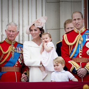 La famille royale britannique au balcon du palais de Buckingham le 11 juin 2016 lors de la parade Trooping the Colour. Le prince William s'est agenouillé auprès de son fils le prince George de Cambridge lors de la parade aérienne ; la reine Elizabeth II a rappelé son petit-fils à l'ordre, lui enjoignant de se relever.