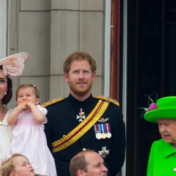 Le prince William s'est agenouillé auprès de son fils le prince George de Cambridge lors de la parade aérienne du défilé Trooping the Colour, le 11 juin 2016 au balcon du palais de Buckingham. La reine Elizabeth II a rappelé son petit-fils à l'ordre, lui enjoignant de se relever.