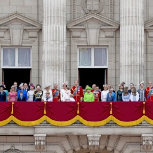 La famille royale britannique au balcon du palais de Buckingham le 11 juin 2016 lors de la parade Trooping the Colour. Le prince William s'est agenouillé auprès de son fils le prince George de Cambridge lors de la parade aérienne ; la reine Elizabeth II a rappelé son petit-fils à l'ordre, lui enjoignant de se relever.