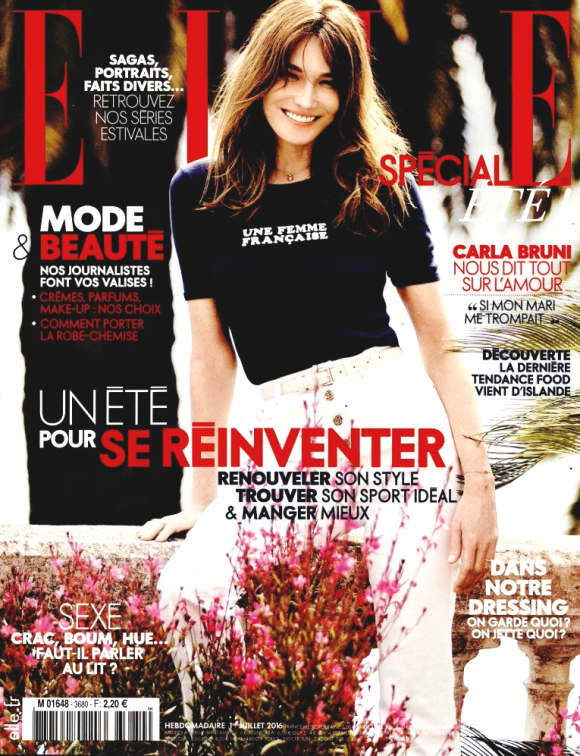 Carla Bruni-Sarkozy en couverture du magazine "ELLE", en kiosques le 1er juillet 2016.