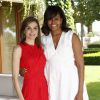 La reine d'Espagne Letizia, reçoit Michelle Obama au palais de la Zarzuela à Madrid, le 30 juin 2016.