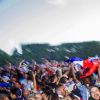 La joie des supporters français après la victoire de la France face à l'Allemagne 2-0, lors du match de demi-finale de l'UEFA Euro 2016 Allemagne-France dans la Fan zone de la Tour Eiffel, au Champ-de-Mars, à Paris, France, le 7 juillet 2016. © Pierre Perusseau/Bestimage