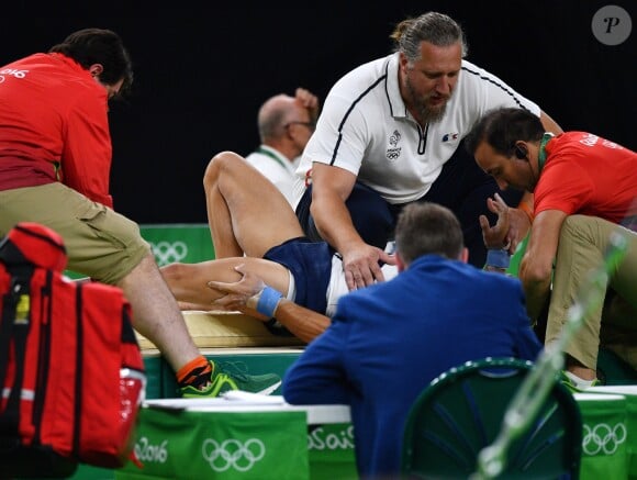 Samir Aït Saïd a été victime d'une double fracture ouverte tibia péroné à la réception d'un saut le 6 août 2016 lors des épreuves de gymastique des Jeux olympiques de Rio de Janeiro. Photo by Lukas Schulze/DPA/ABACAPRESS.COM