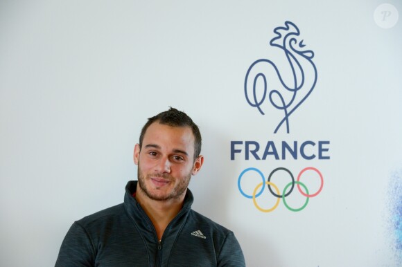 Samir Aït Saïd lors d'un événement à cent jours des JO de Rio, le 27 avril 2016 à Paris. Il a été victime d'une double fracture ouverte tibia péroné à la réception d'un saut le 6 août 2016 lors des épreuves de gymastique des Jeux olympiques de Rio de Janeiro.  Photo by Henri Szwarc/ABACAPRESS.COM