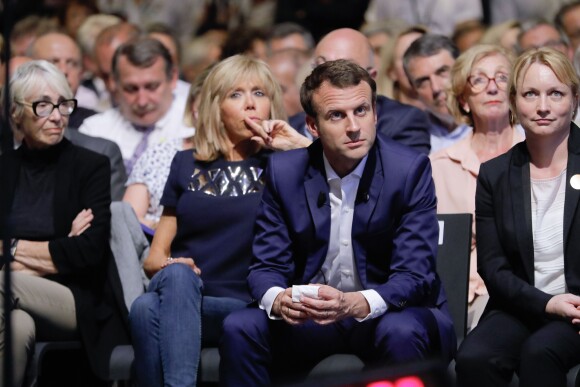 Sylvie Rocard (Pélissier), Emmanuel Macron et sa femme Brigitte Trogneux durant le premier meeting du rassemblement "En Marche" à la Mutualité à Paris, France, le 12 juillet 2016. © Stéphane Allaman/BestImage