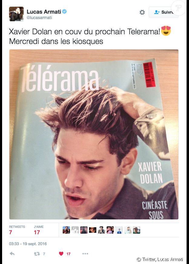 Xavier Dolan en couverture de "Télérama", en kiosques mardi 20 septembre 2016. Tweet de Lucas Armati, journaliste du magazine.
