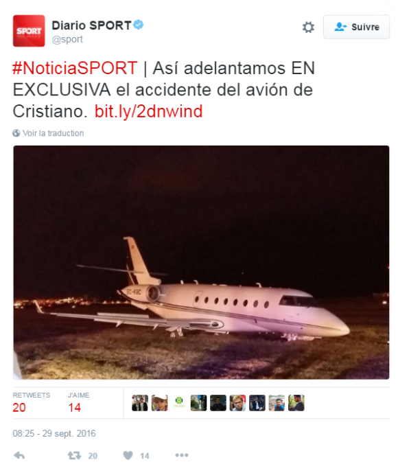 Diario Sport publie une photo du jet accidenté de Cristiano Ronaldo sur Twitter le 29 septembre 2016.