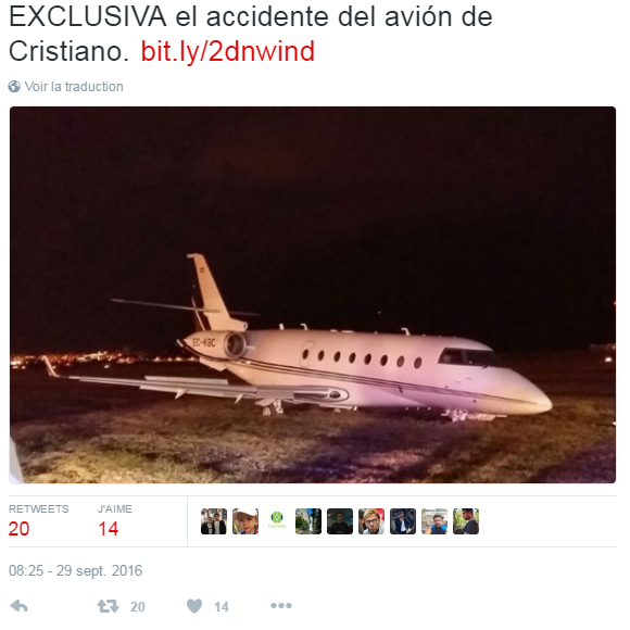 Diario Sport publie une photo du jet accidenté de Cristiano Ronaldo sur Twitter le 29 septembre 2016.
