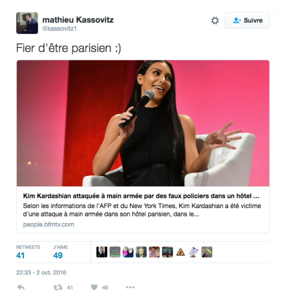 Capture d'écran du post Twitter de Mathieu Kassovitz à propos de Kim Kardashian agressée.