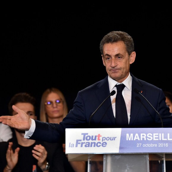 Nicolas Sarkozy en meeting à la salle Vallier à Marseille pour la campagne des primaires de la droite et du centre en vue de l'élection présidentielle de 2017, le 27 octobre 2016. © Bruno Bébert/Bestimage