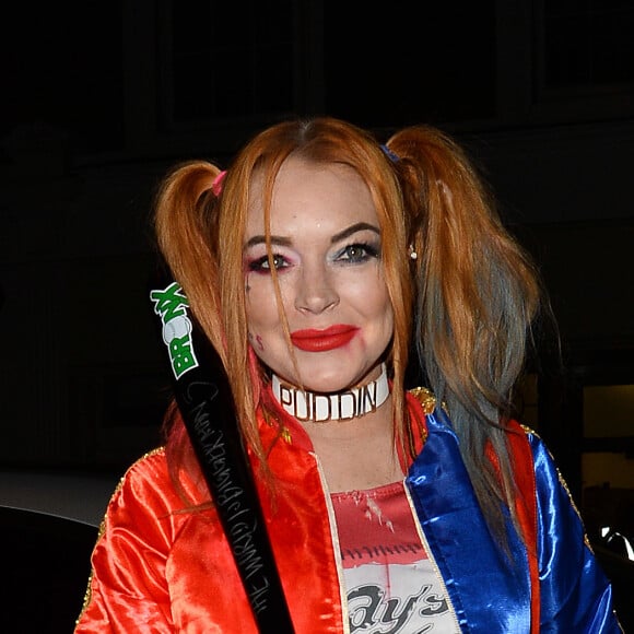 Lindsay Lohan (déguisée en Harley Quinn du film Suicid Squad) arrive à une fête d'Halloween à Londres, le 31 octobre 2016.