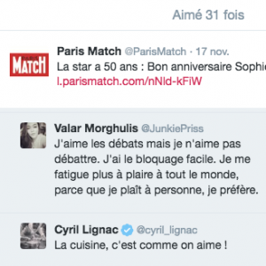 Cyril Lignac aime une publication de Paris Match sur l'anniversaire de sa compagne Sophie Marceau