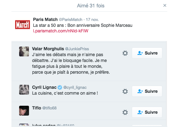Cyril Lignac aime une publication de Paris Match sur l'anniversaire de sa compagne Sophie Marceau