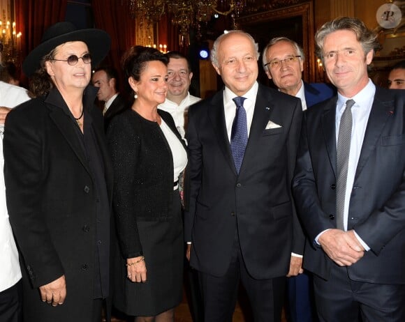 Marc Veyrat, Laurent Fabius et sa compagne Marie-France Marchand-Baylet- Dîner des Grands Chefs au Quai d'Orsay à l'occasion de la désignation du vainqueur du Bocuse d'Or à Paris le 22 septembre 2015.