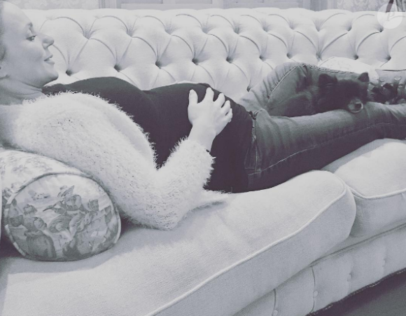 Geri Halliwell enceinte de son deuxième enfant, fait la sieste avec sa petite chienne. Photo publiée sur Instagram le 27 novembre 2016