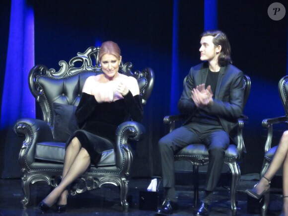 Céline Dion assiste à la cérémonie en hommage à son mari René Angélil, intitulée "Celebration of Life" avec son fils aîné René-Charles au Caesars Palace de Las Vegas le 3 février 2016.