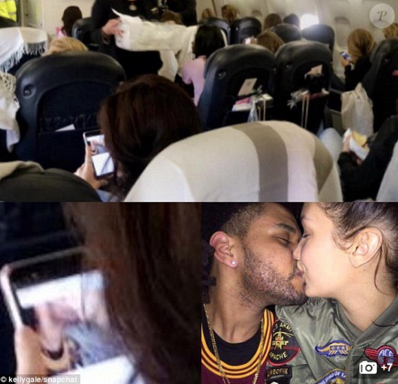 Kelly Gale a publié une vidéo sur Snapchat des anges de Victoria's Secret dans l'avion en direction de Paris. Bella Hadid apparaît en train de regarder une photo d'elle et son ex The Weeknd en train de s'embrasser. Photo publiée sur Snapchat à la fin du mois de novembre 2016 et reprise par le DailyMail.