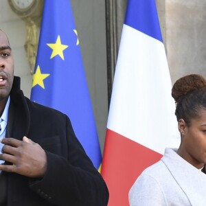 Teddy Riner et sa compagne Luthna - Cérémonie de remise de décorations aux médaillés olympiques et paralympiques 2016 au palais de l'Elysée à Paris. Le 1er décembre 2016 © Pierre Perusseau