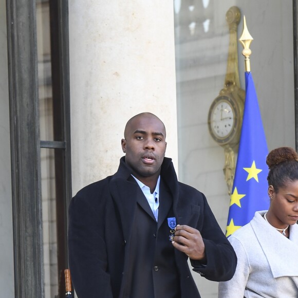 Teddy Riner et sa compagne Luthna - Cérémonie de remise de décorations aux médaillés olympiques et paralympiques 2016 au palais de l'Elysée à Paris. Le 1er décembre 2016 © Pierre Perusseau