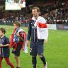 David Beckham et ses enfants Brooklyn, Romeo et Cruz - Le PSG celebre son titre de champion de la ligue a l'issue de son match contre Brest au Parc des Princes a Paris le 18 mai 2013.