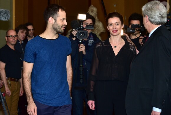 Stéphane Lissner (le directeur de l'Opéra de Paris), Benjamin Millepied (directeur de la danse à l'Opéra de Pari) et Aurélie Dupont (la nouvelle directrice de la danse à l'Opéra de Paris) lors de la conférence de presse à l'Opéra de Paris, le 4 février 2016.