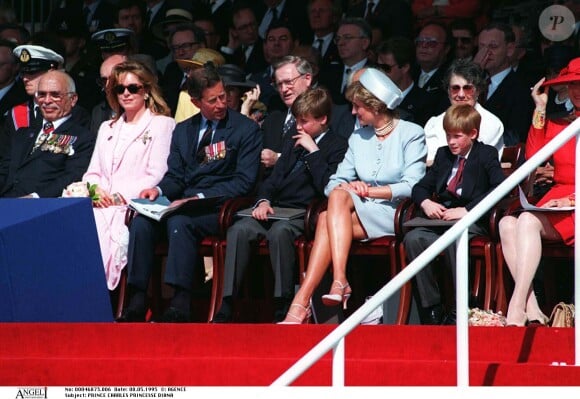 La princesse Diana avec ses fils le prince William et le prince Harry en mai 1995 à Hyde Park lors de commémorations.