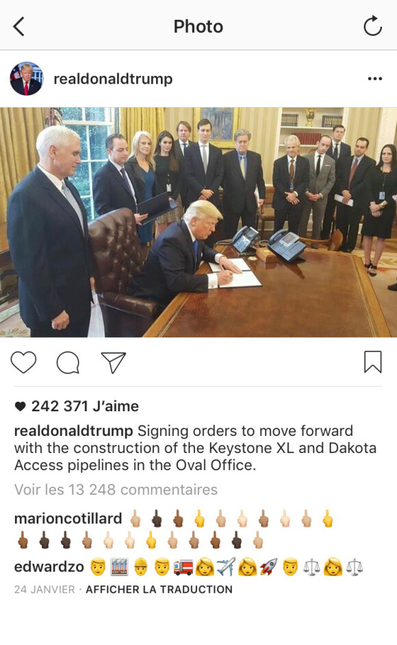 Capture d'écran du post Instagram de Donald Trump où Marion Cotillard a posté des doigts d'honneur.
