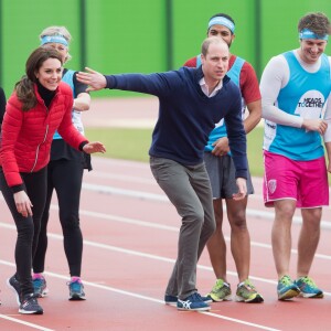 Le prince William, la duchesse Catherine de Cambridge et le prince Harry participaient le 5 février 2017 à une journée d'entraînement en vue du marathon de Londres au parc olympique Reine Elizabeth, une opération pour le compte de leur campagne en faveur de la santé mentale Heads Together.