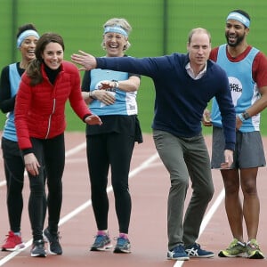 Le prince William, la duchesse Catherine de Cambridge et le prince Harry participaient le 5 février 2017 à une journée d'entraînement en vue du marathon de Londres au parc olympique Reine Elizabeth, une opération pour le compte de leur campagne en faveur de la santé mentale Heads Together.