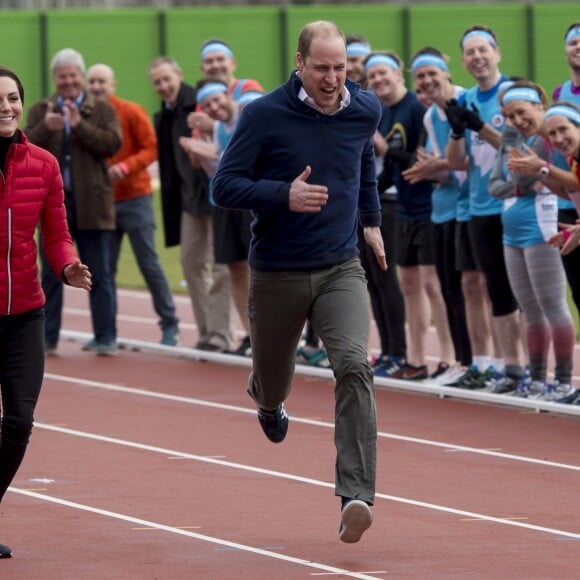 Le prince William, la duchesse Catherine de Cambridge et le prince Harry participaient le 5 février 2017 à une journée d'entraînement en vue du marathon de Londres au parc olympique Reine Elizabeth, une opération pour le compte de leur campagne en faveur de la santé mentale Heads Together.