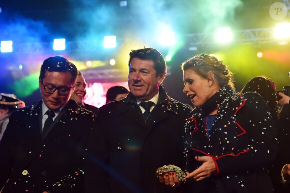 Liu Ye, le célèbre acteur chinois et ambassadeur du Tourisme de la Côte d'Azur en Chine, est avec Christian Estrosi et sa femme Laura Tenoudji pour assister au 1er corso du Carnaval de Nice 2017, le 11 février 2017. © Bruno Bebert/Bestimage