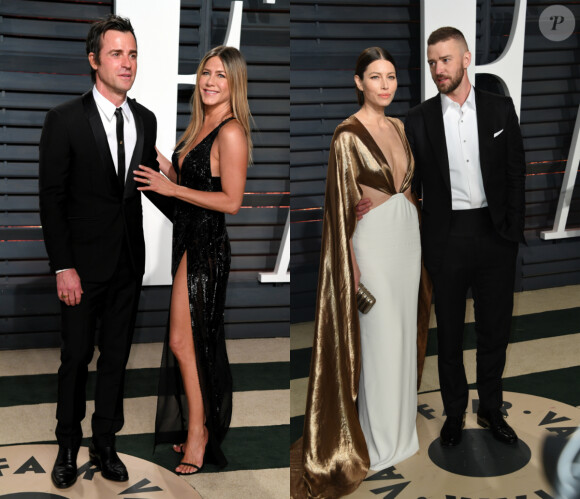 Jennifer Aniston et Jessica Biel avec leurs Justin à la Vanity Fair Oscar Party 2017.