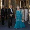 La reine Silvia, le roi Carl XVI GUstaf de Suède, la princesse Christina de Suède, son mari Tord Magnuson, la princesse Margaretha de Suède lors du banquet donné en l'honneur du 70e anniversaire du roi au palais royal à Stockholm, le 30 avril 2016.