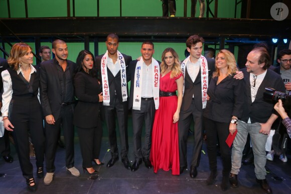 Ayem Nour, Eloy Pechier (Mister France 2017), Cédric (1er Dauphin), Clara Morgane, Alexis (2ème dauphin) - Election de Mister France 2017 au théâtre Palace à Paris, France, le 14 mars 2017. © CVS/Bestimage