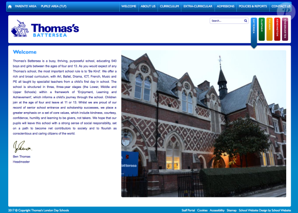 Capture d'écran du site officiel de l'école Thomas's Battersea, à Londres, où le prince William et Kate Middleton scolariseront le prince George de Cambridge à partir de septembre 2017.