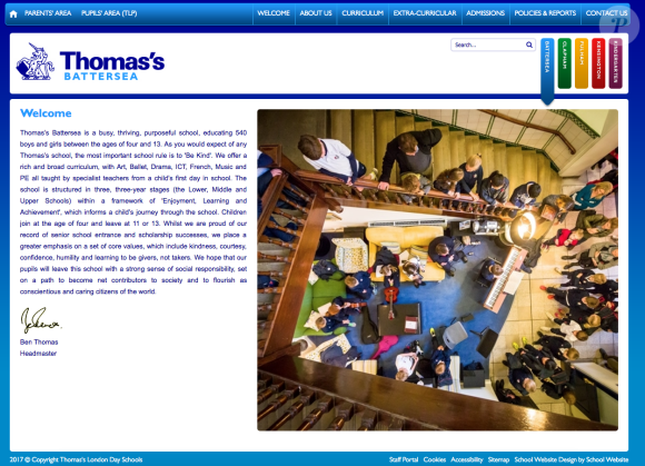 Capture d'écran du site officiel de l'école Thomas's Battersea, à Londres, où le prince William et Kate Middleton scolariseront le prince George de Cambridge à partir de septembre 2017.
