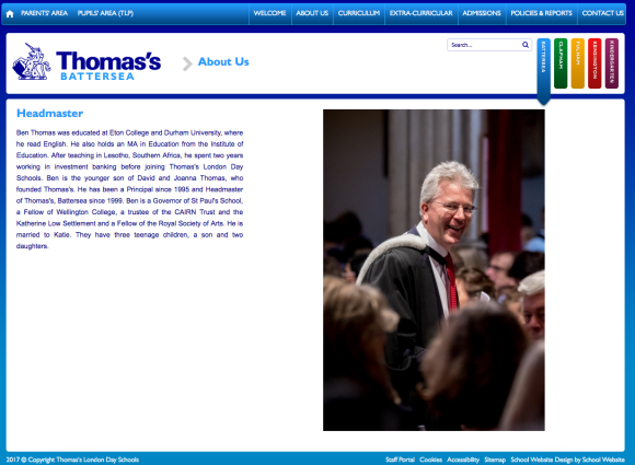 Ben Thomas, directeur de l'école Thomas's Battersea, où le prince George de Cambridge sera scolarisé à partir de septembre 2017. Capture d'écran du site officiel de l'établissement.