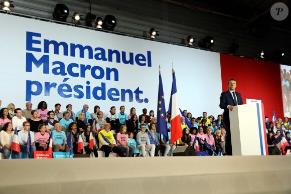 Emmanuel Macron (candidat du mouvement ''En marche !'' à l'élection présidentielle 2017) en meeting au Parc Chanot à Marseille, le 1er avril 2017. © Dominique Jacovides/Bestimage