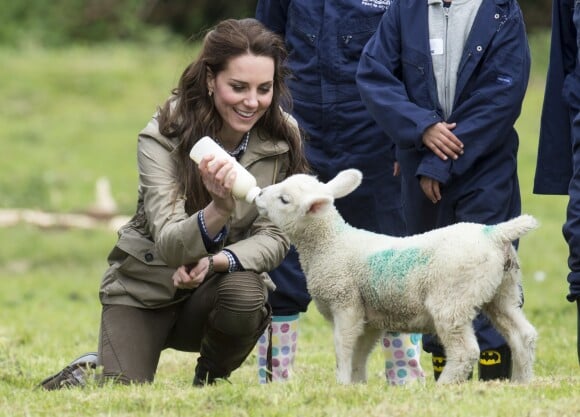 Kate Middleton, duchesse de Cambridge, nourrit l'agneau Stinky lors de sa visite avec des élèves et enseignants d'une école primaire de Vauxhall dans une ferme à Arlingham, dans le Gloucestershire, avec l'association Farms For City Children, le 3 mai 2017.