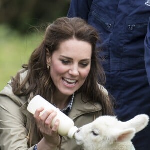 Kate Middleton, duchesse de Cambridge, visitait avec des élèves et enseignants d'une école primaire de Vauxhall une ferme à Arlingham, dans le Gloucestershire, avec l'association Farms For City Children, le 3 mai 2017.